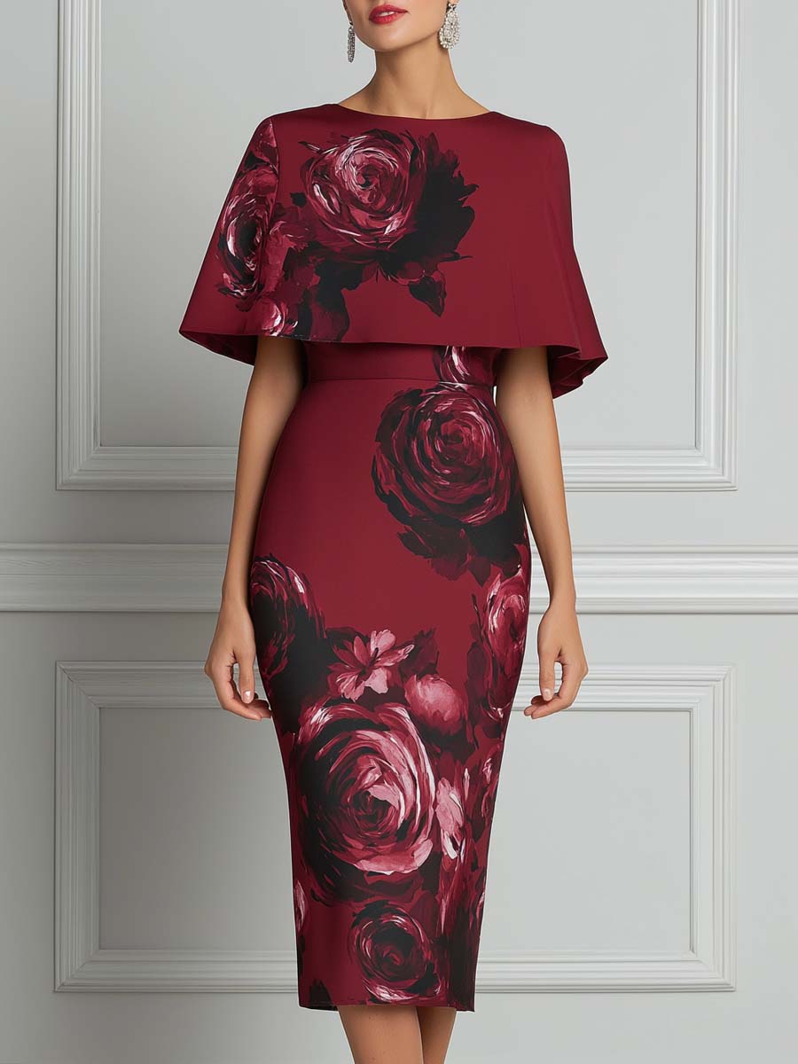 Burgundy Rose Print Cape Sleeve Bodycon Midi Dress