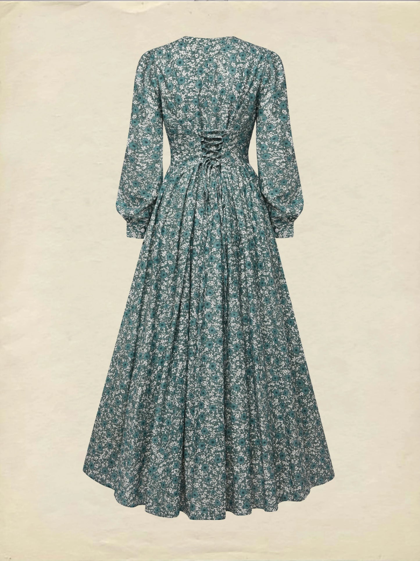 Maxi Linen Dress, Long Sleeves, V Neck, Floral, Button Design, Vintage, Green