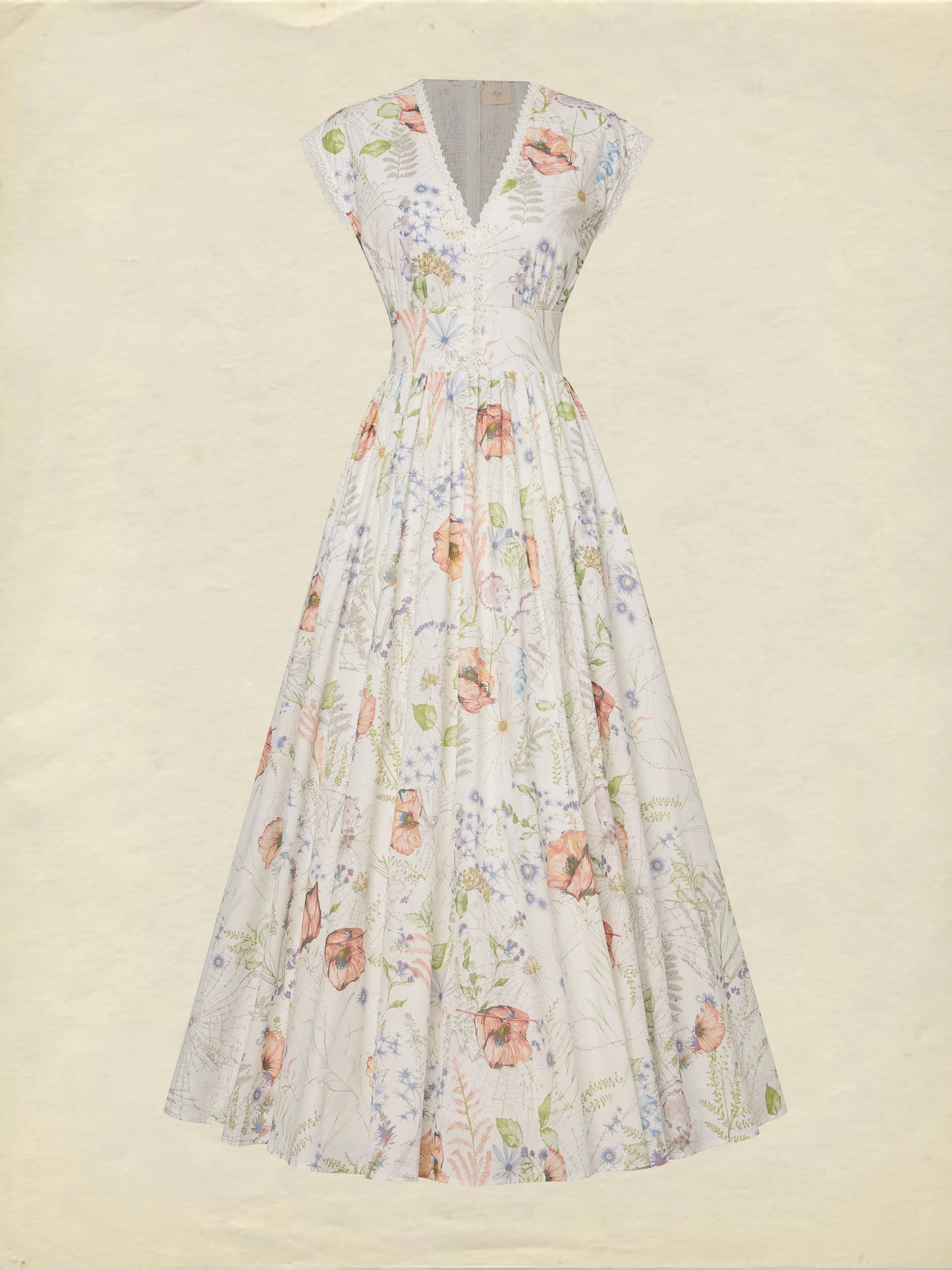 Maxi Cotton Dress, Cap Sleeves, V Neck, Floral, Lace, Vintage, Red