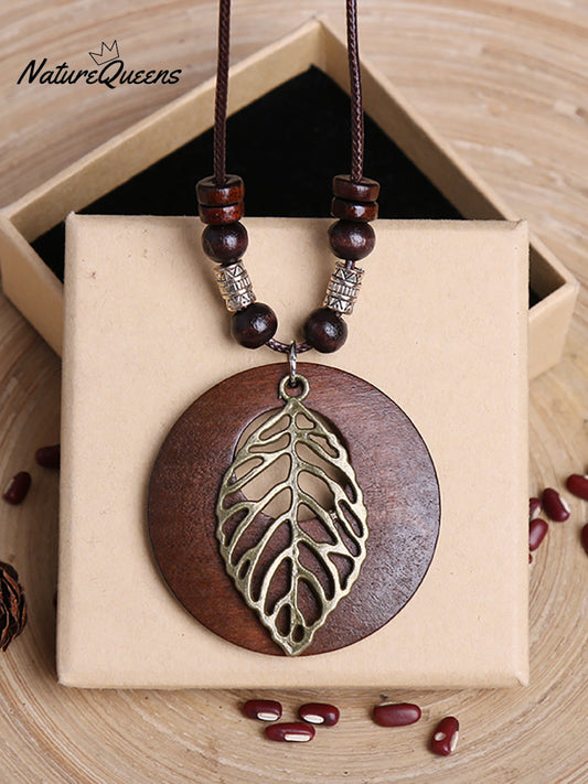 Vintage Alloy Leaf Wooden Pandent Necklace