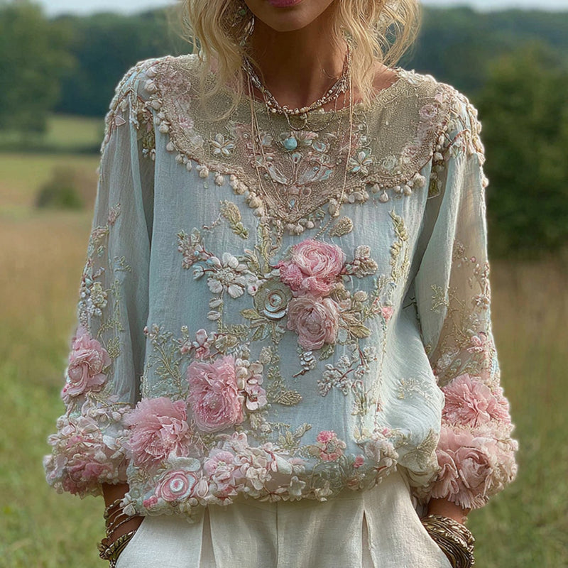 Women's Floral Embroidered Round Neck Comfortable Top