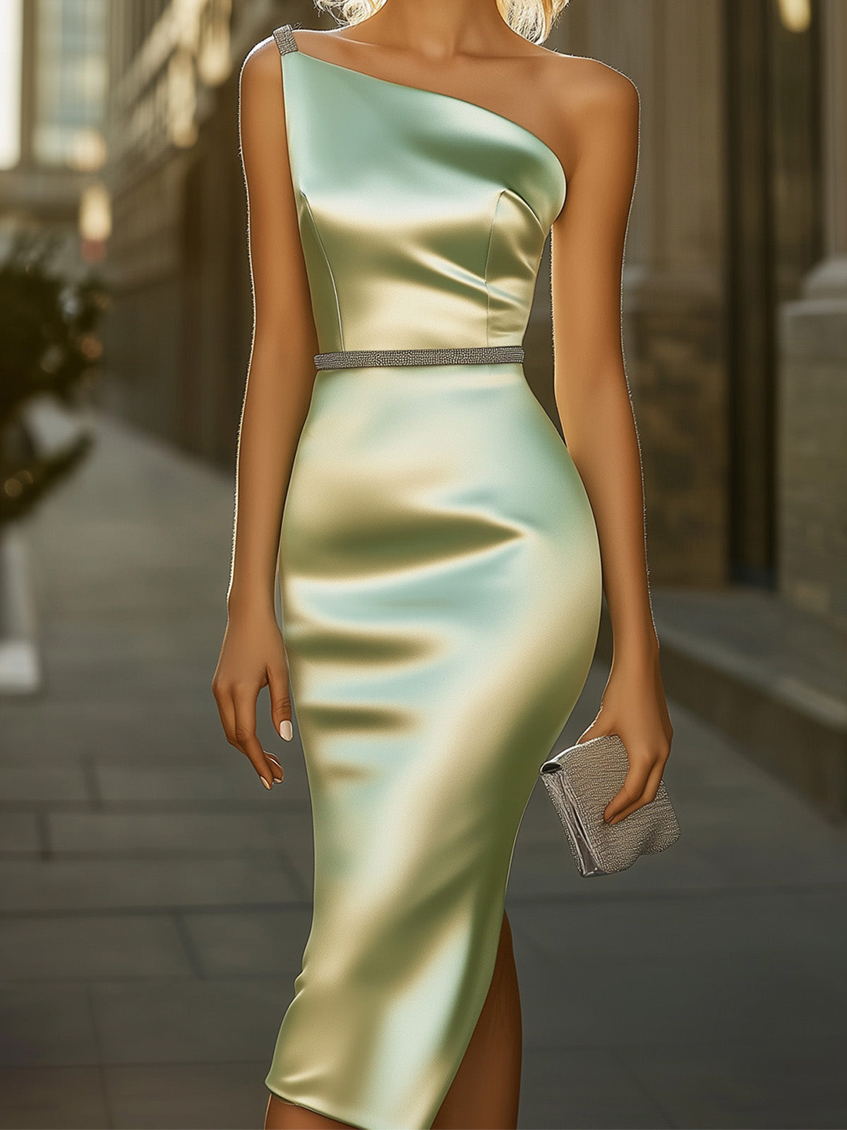 Sage Green Satin Dress With Silver Shoulder And Waist Embellishments