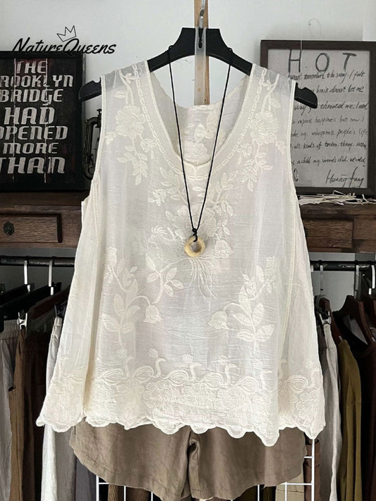 Women's  Vintage Lace Sleeveless Cotton and Linen Vest Top