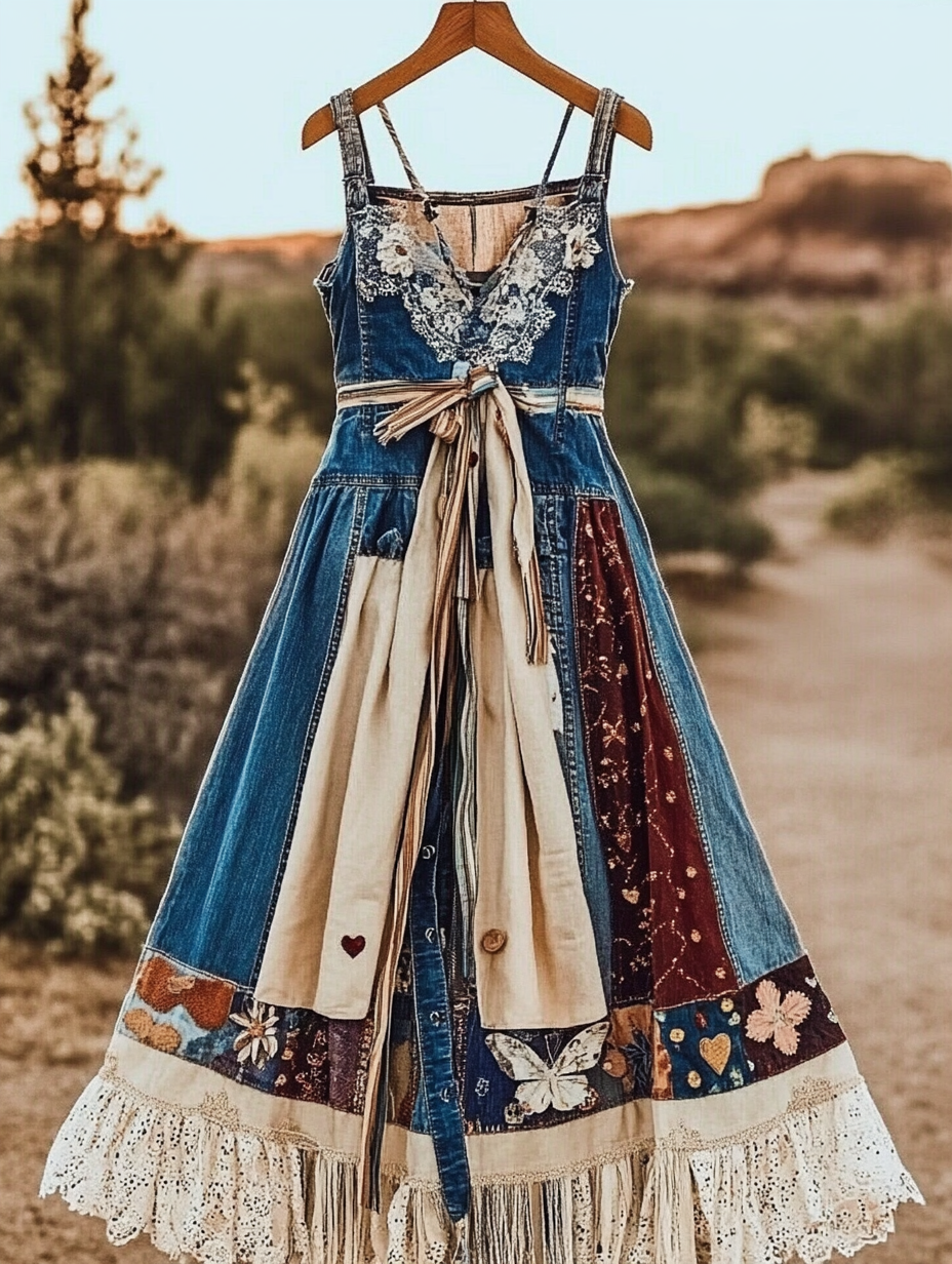 Summer Handmade Lace Denim Patchwork Dress e3ca