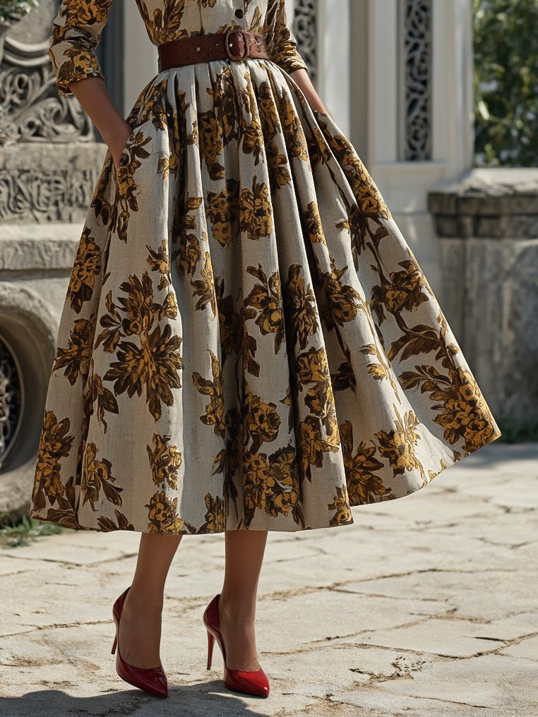 Midi Cotton Dress, Half Sleeve, Shawl Collar, Floral, Button Design, Vintage, Gray-brown