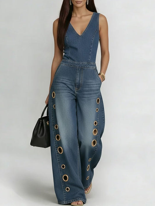 Women's V-neck Sleeveless Casual Loose Denim Wide-leg Jumpsuit