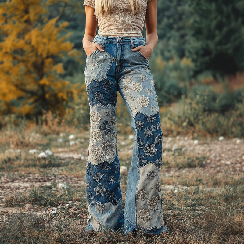Boho Floral Lace Embroidered Patchwork Bootcut Jeans