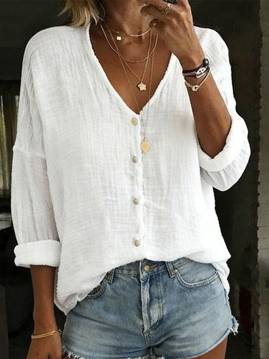 Women's Cotton Linen Loose Solid Color Long-sleeved Shirt