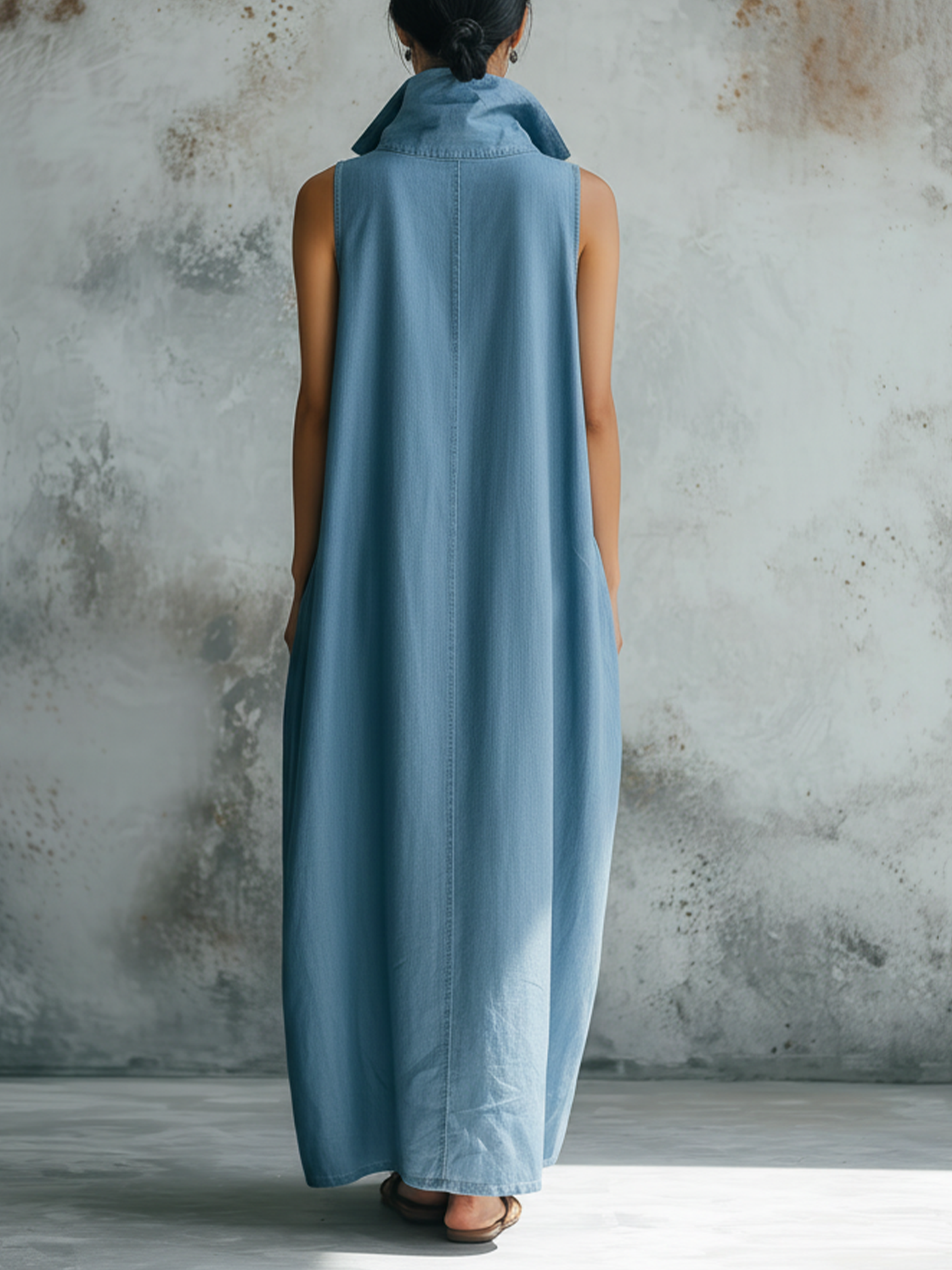 Light Wash Sleeveless Denim Maxi Dress | Collared Henley Casual Dress
