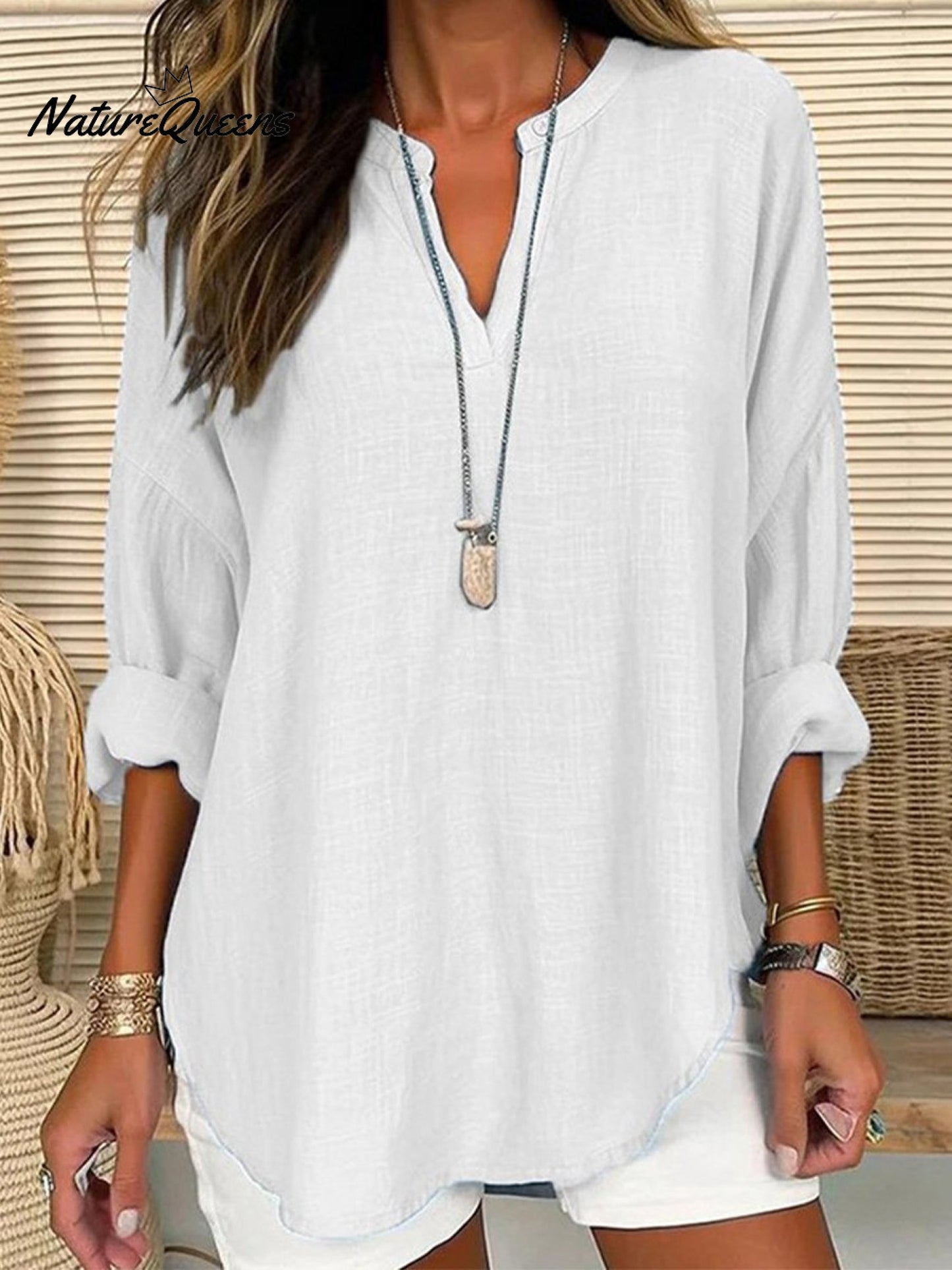 Quality Commuter Solid Color V-neck Cotton Linen Pure Shirt