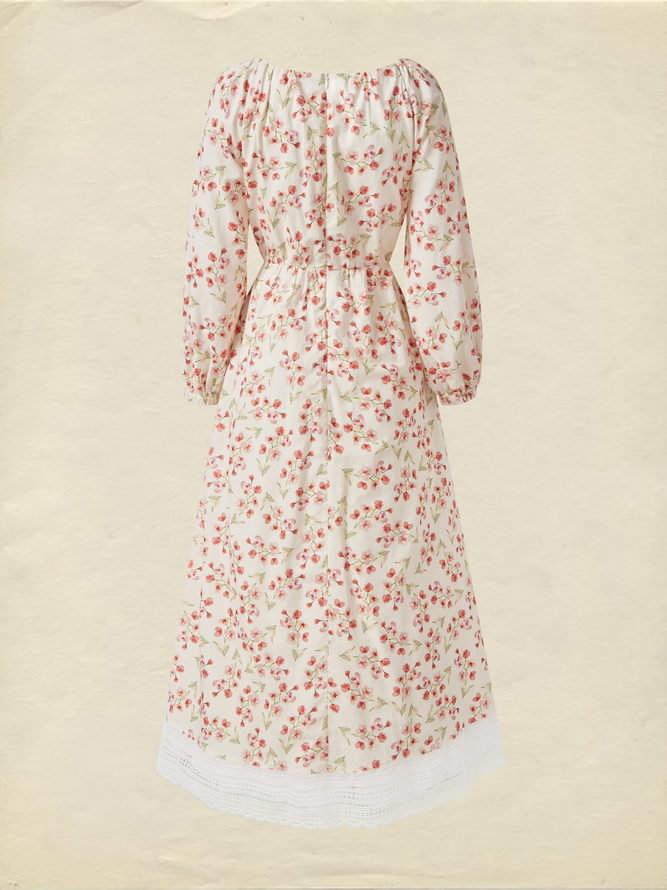Cotton And Linen Floral Regular Fit Long Sleeve Elegant Dress, Pink