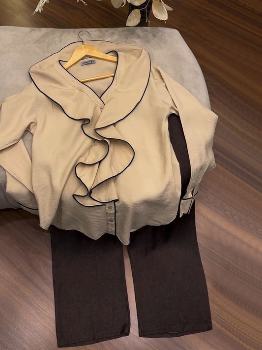 Women's V-neck Long-sleeve Loose-fit Top & Elastic-waist Wide-leg Pants Set