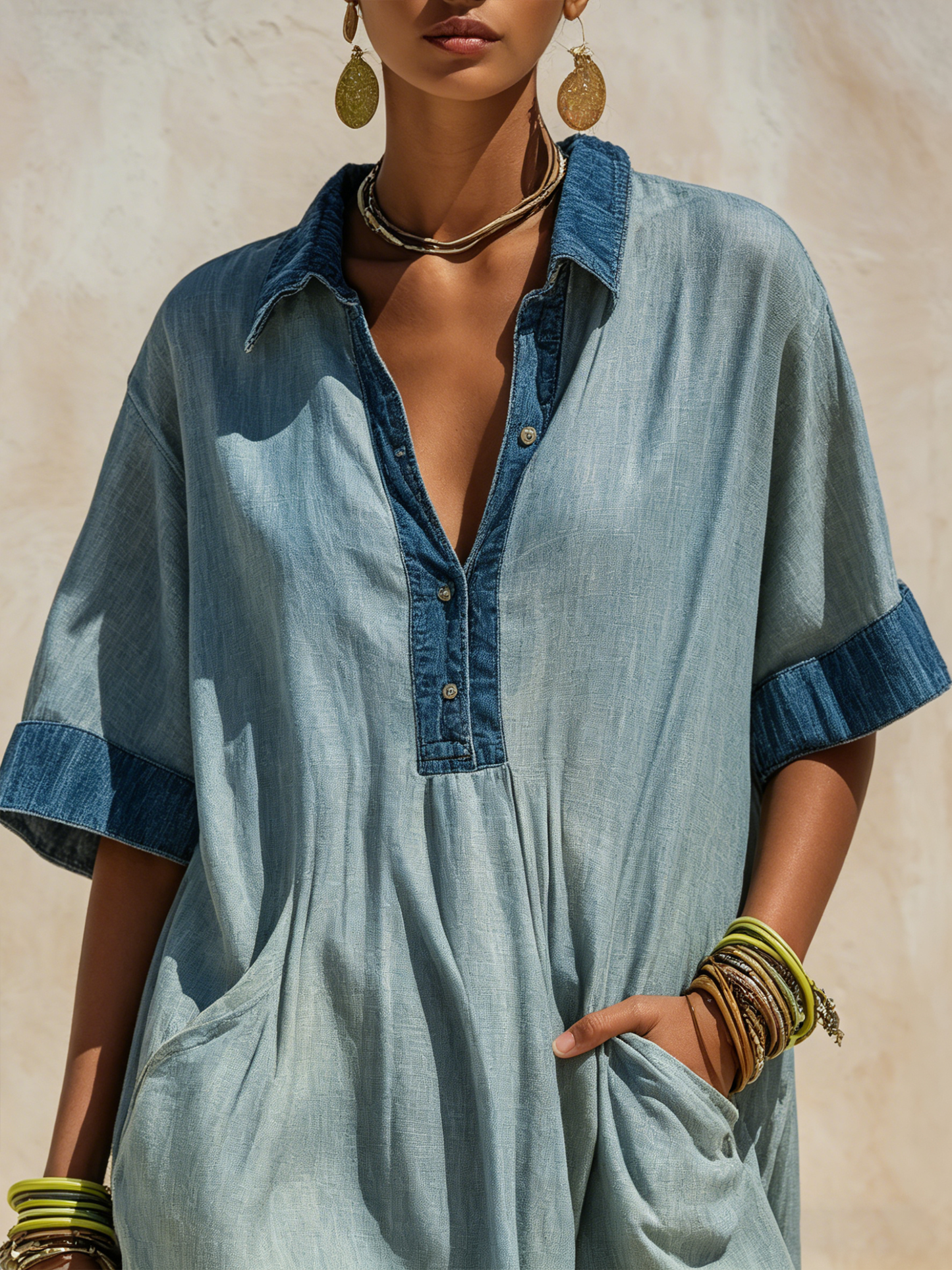 Oversized Denim Linen Maxi Dress - Breathable Two-Tone Casual Cover-Up