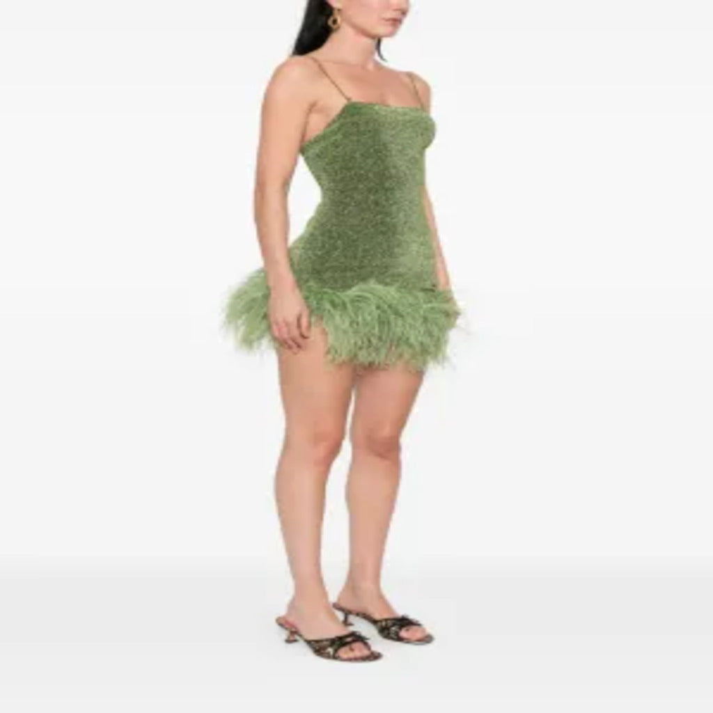 👗 Abito Corto Verde con Piumini e Lurex