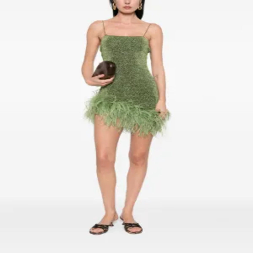 👗 Abito Corto Verde con Piumini e Lurex