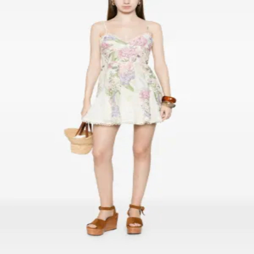 👗 Abito Corto Floreale con Spalline Sottili e Schiena a Lacci