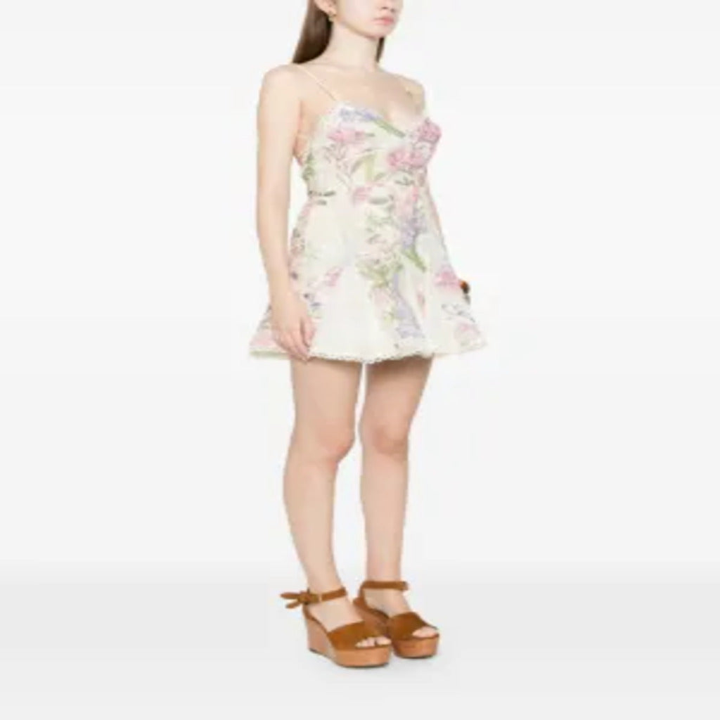 👗 Abito Corto Floreale con Spalline Sottili e Schiena a Lacci