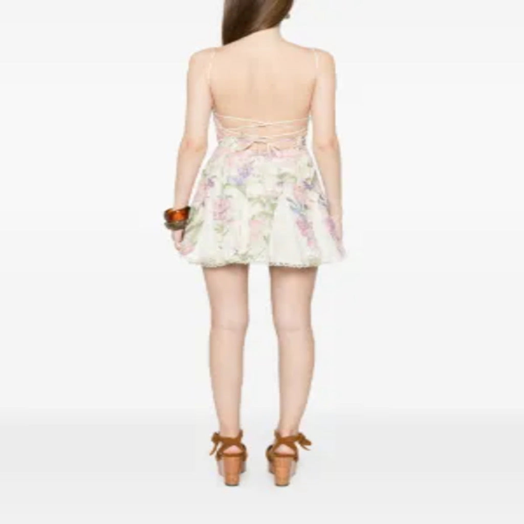 👗 Abito Corto Floreale con Spalline Sottili e Schiena a Lacci