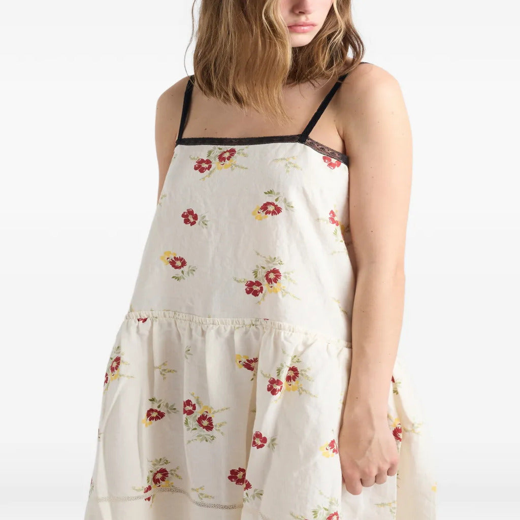 👗 Abito Corto Floreale con Spalline Nere e Pizzo