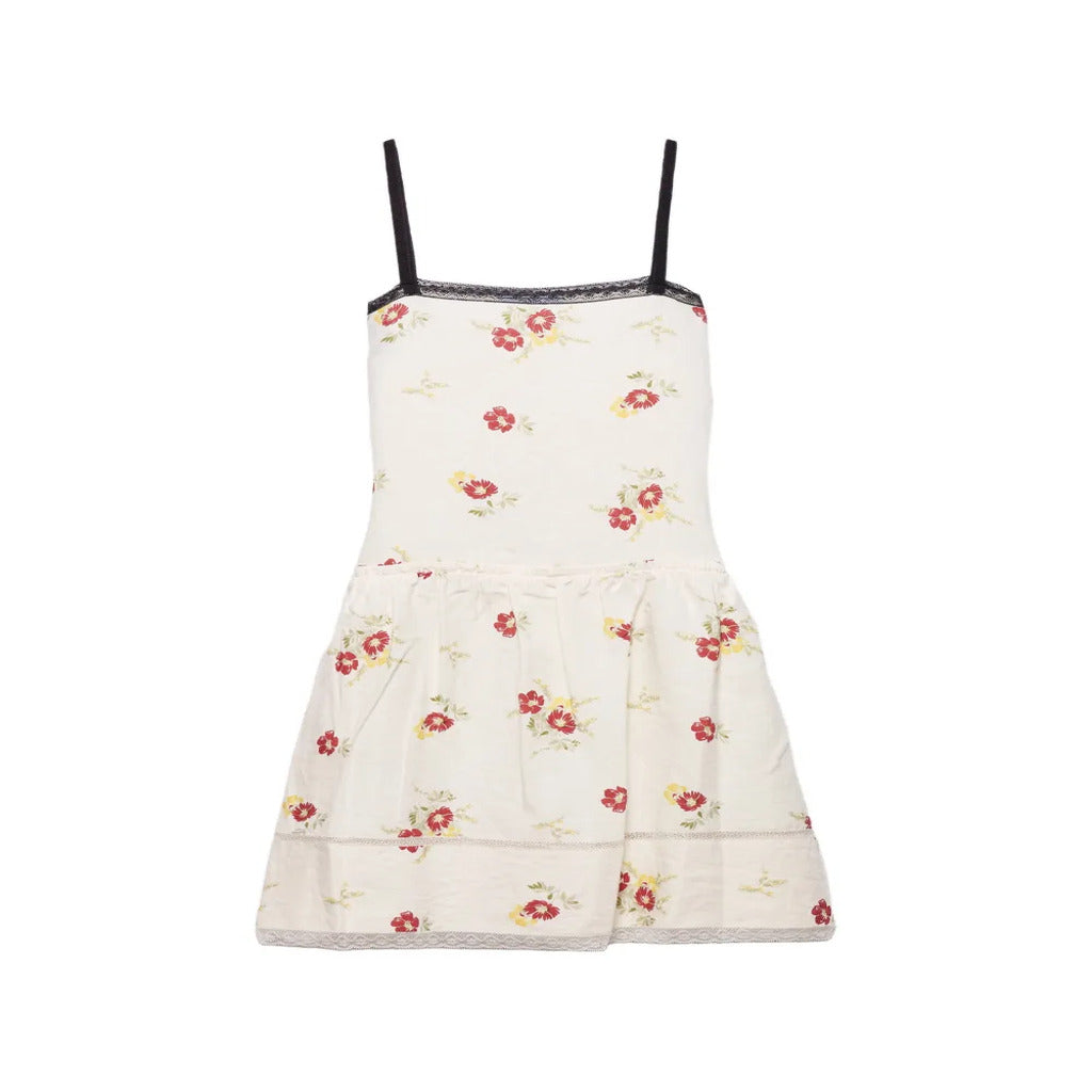 👗 Abito Corto Floreale con Spalline Nere e Pizzo