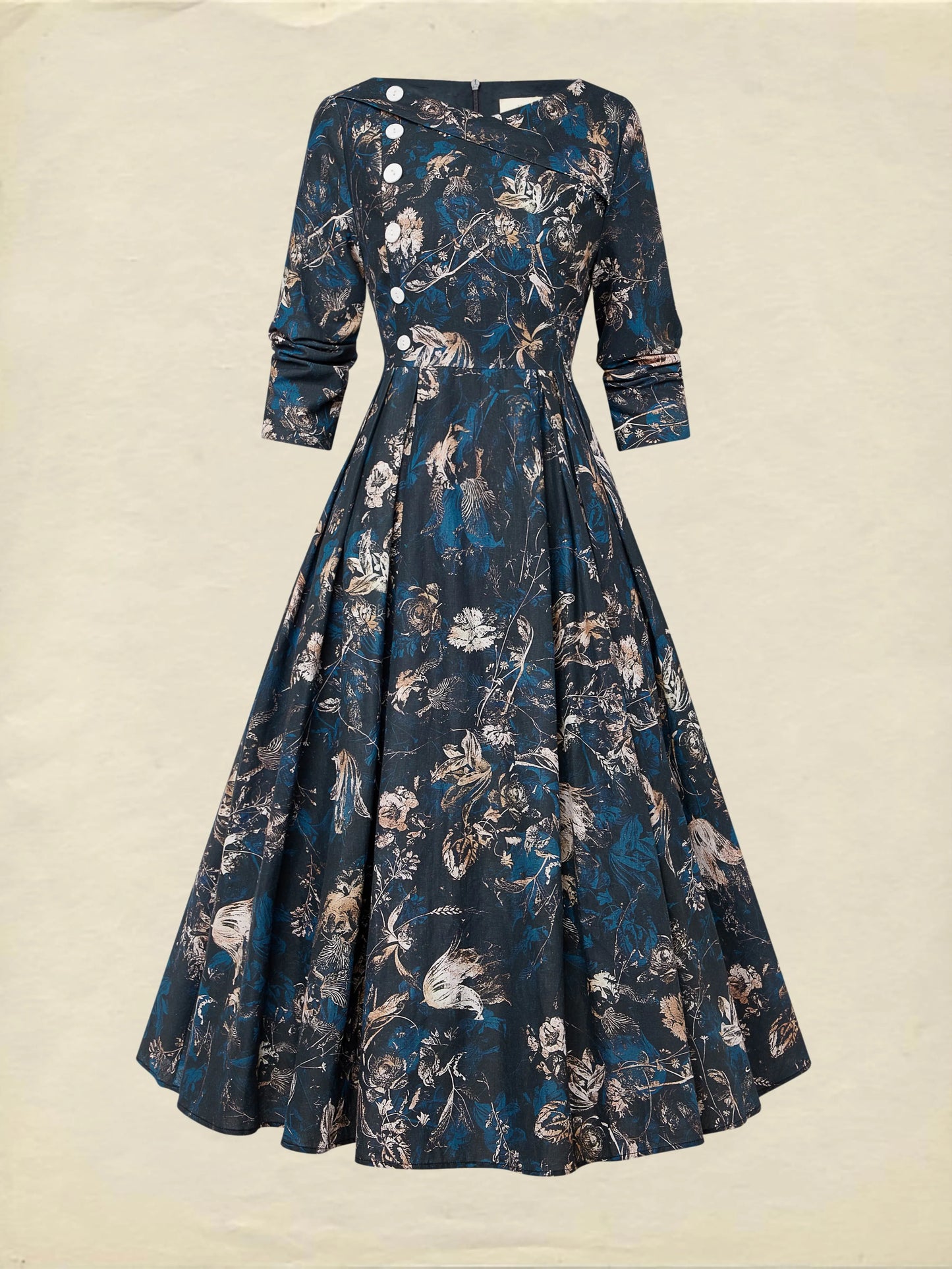 Midi Linen Dress, Long Sleeves, V Neck, Floral, Button Design, Vintage, Deep Blue