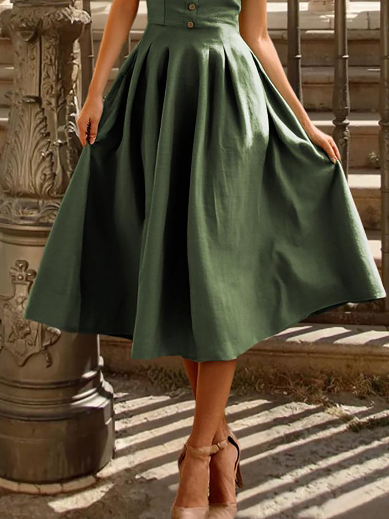 Linen Midi Dress, Short Sleeve, Plain, Vintage, Green