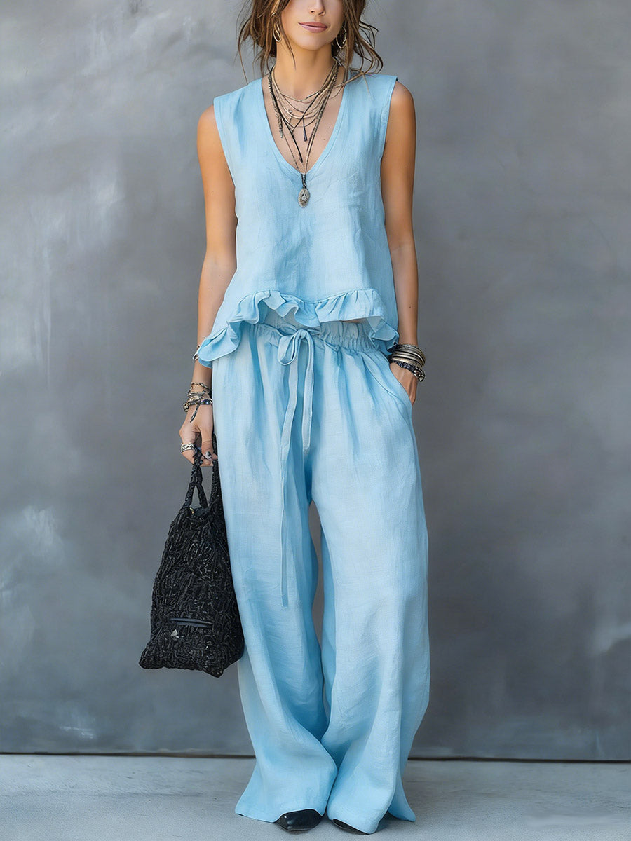Women's V-neck Sleeveless Casual Loose Cotton Top With Elastic Waist And Wide-leg Pants Cotton Linen Set