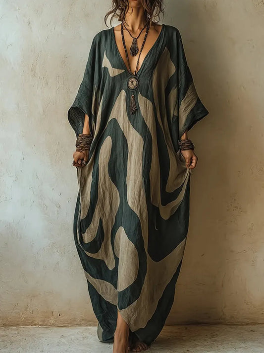 Women's Bohemian Print Casual V-neck Cotton Linen Dress