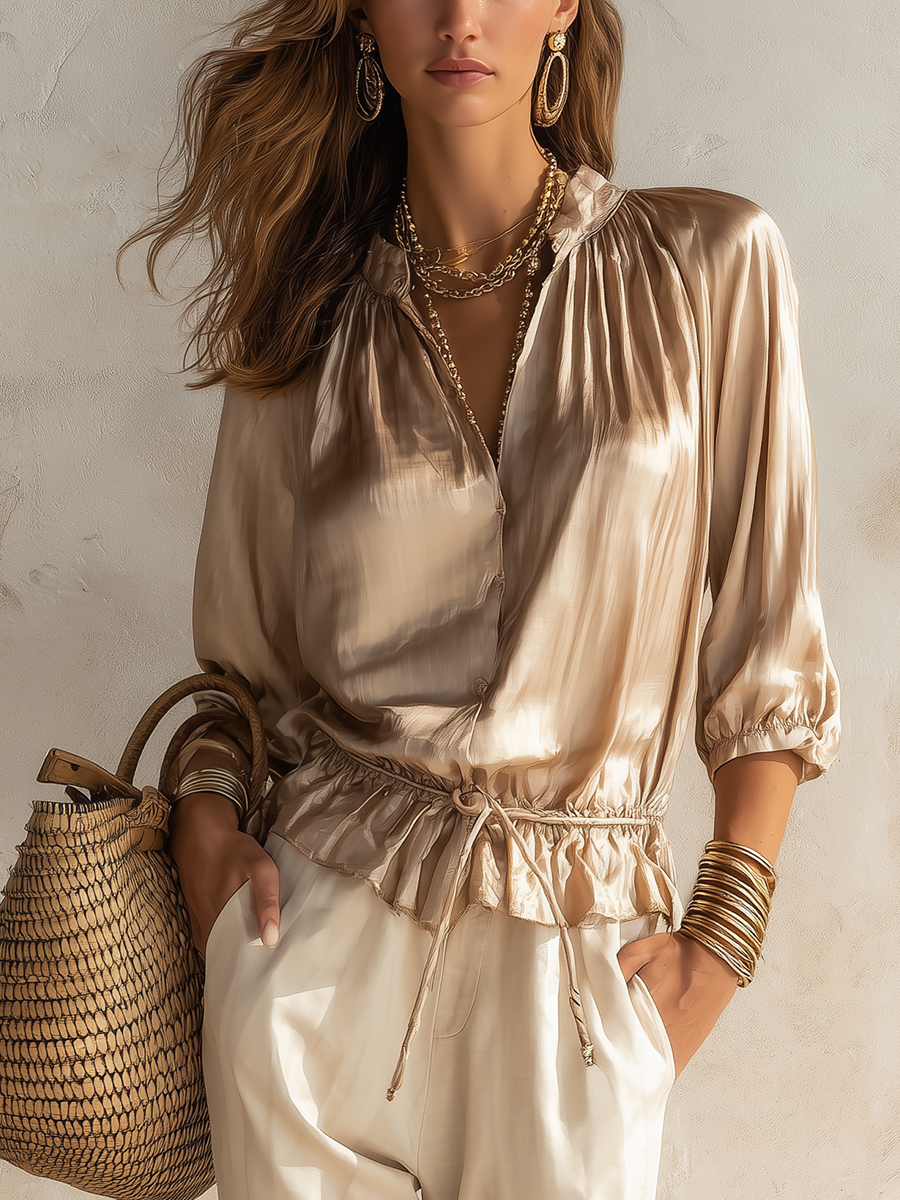 Champagne-colored Satin Ruffled Shirt