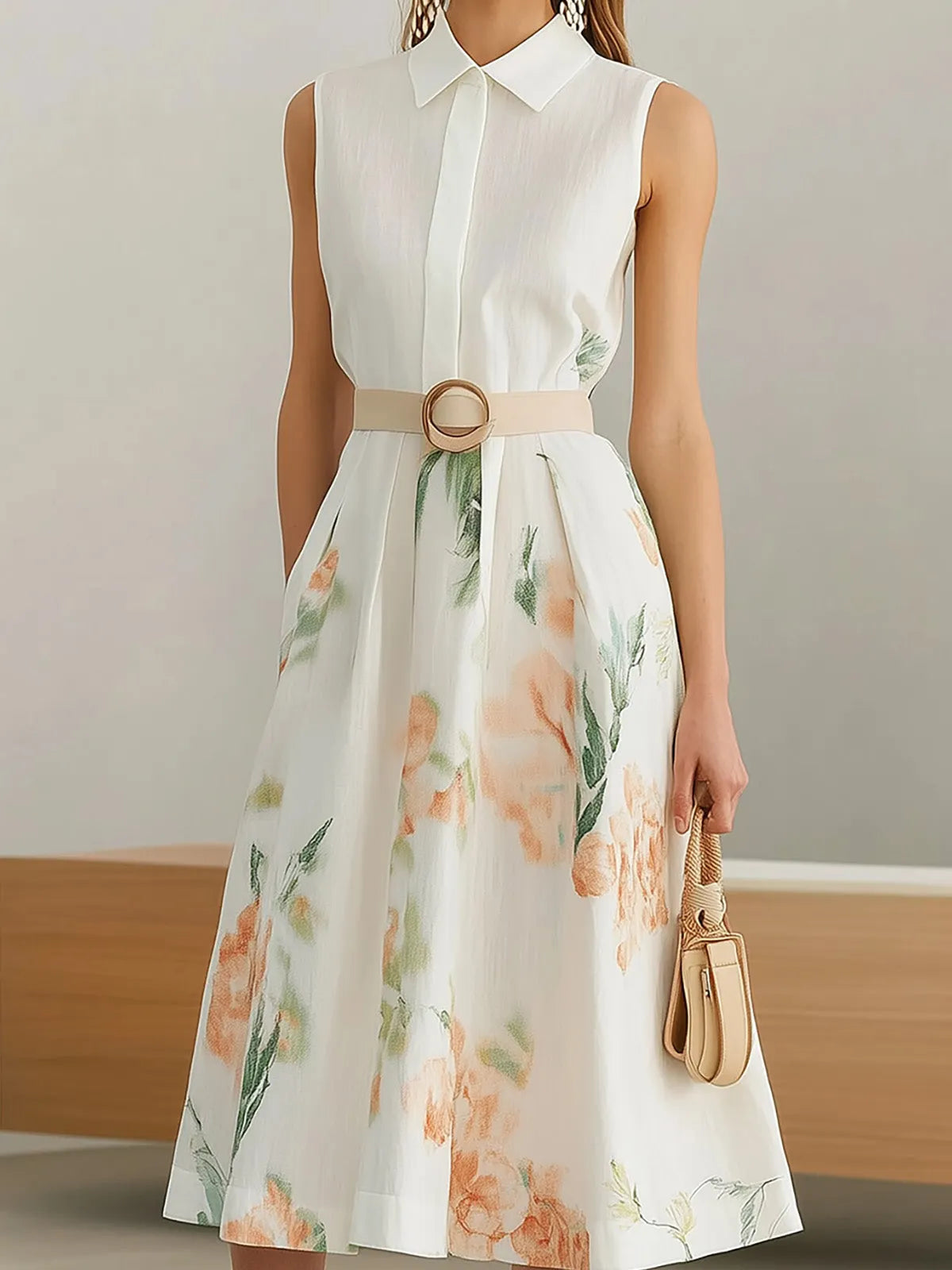 Elegant Sleeveless Linen Dress with Floral Print and Belt