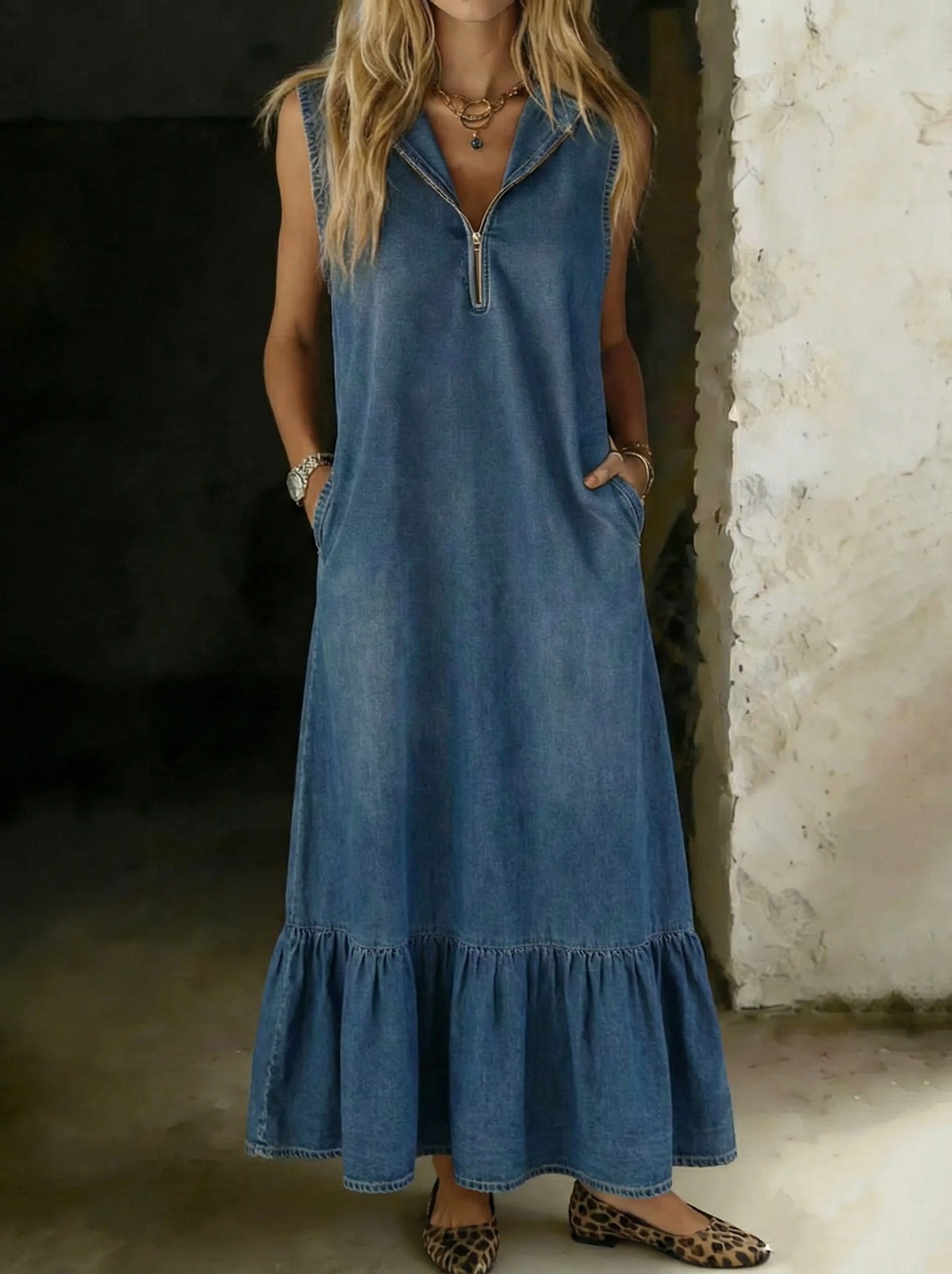 Women's Fashion Design Sleeveless Ruffled Denim Skirt