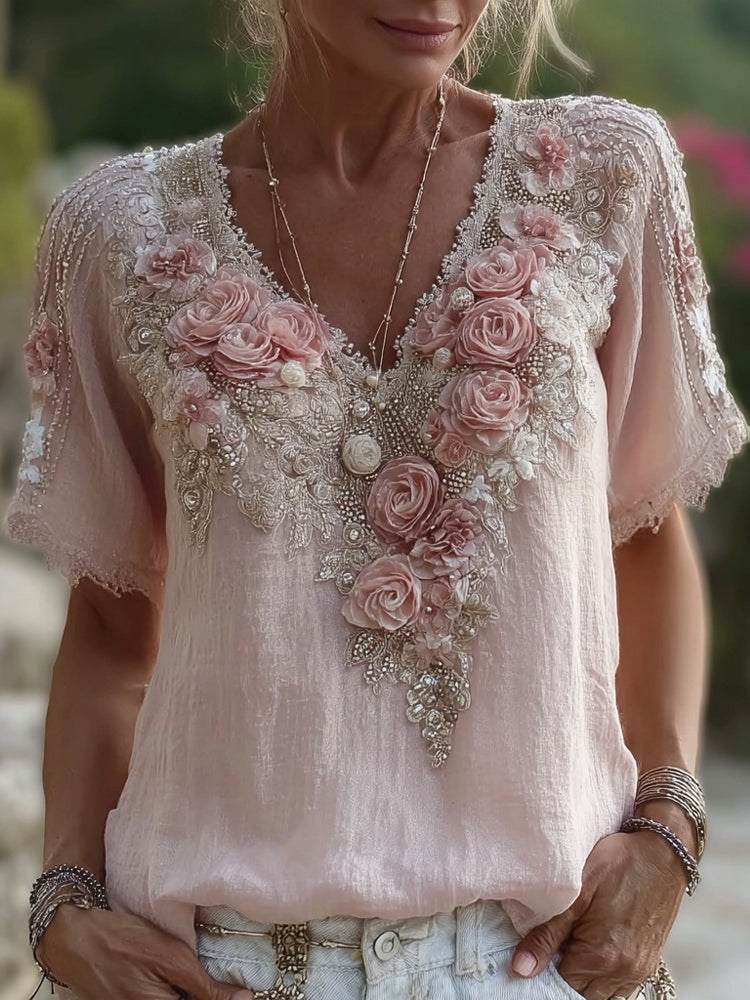 Vintage Boho Pink Roses Embroidered V Neck Linen Shirt