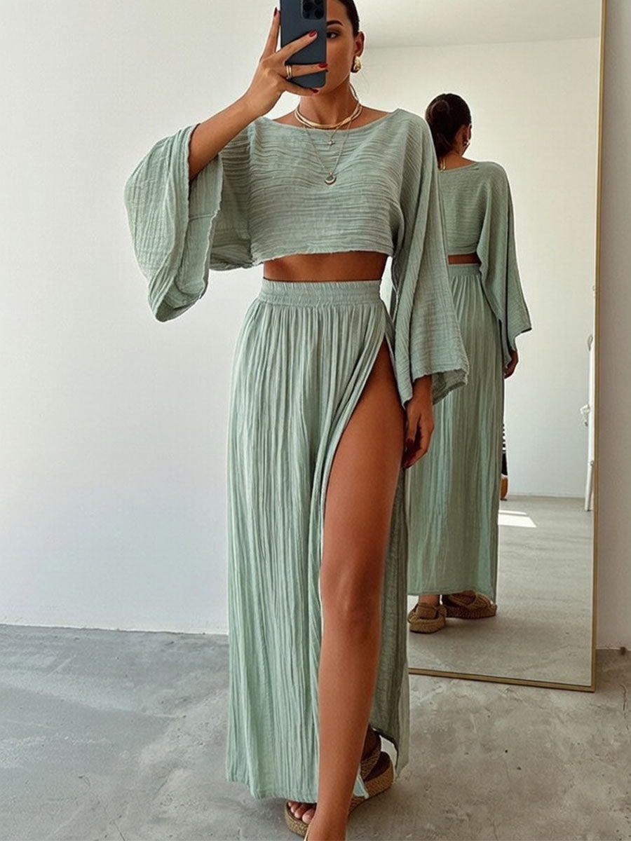 Chic slit cotton and linen casual two-piece set