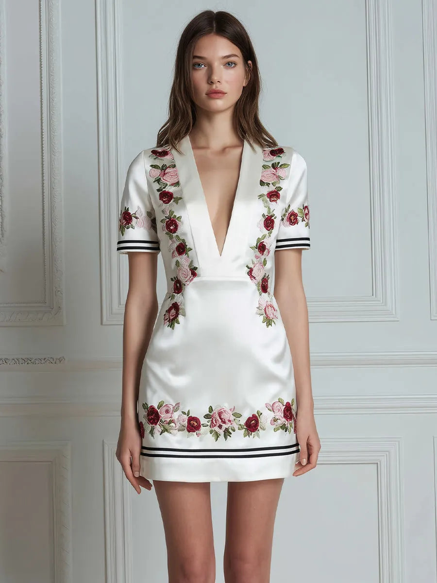 Deep V-Neck Floral Embroidered Contrast Trim Mini Dress
