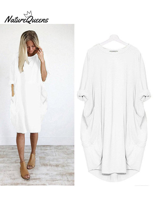 Women's Solid Color Loose Elegant Casual Long-sleeved Pocket Dress