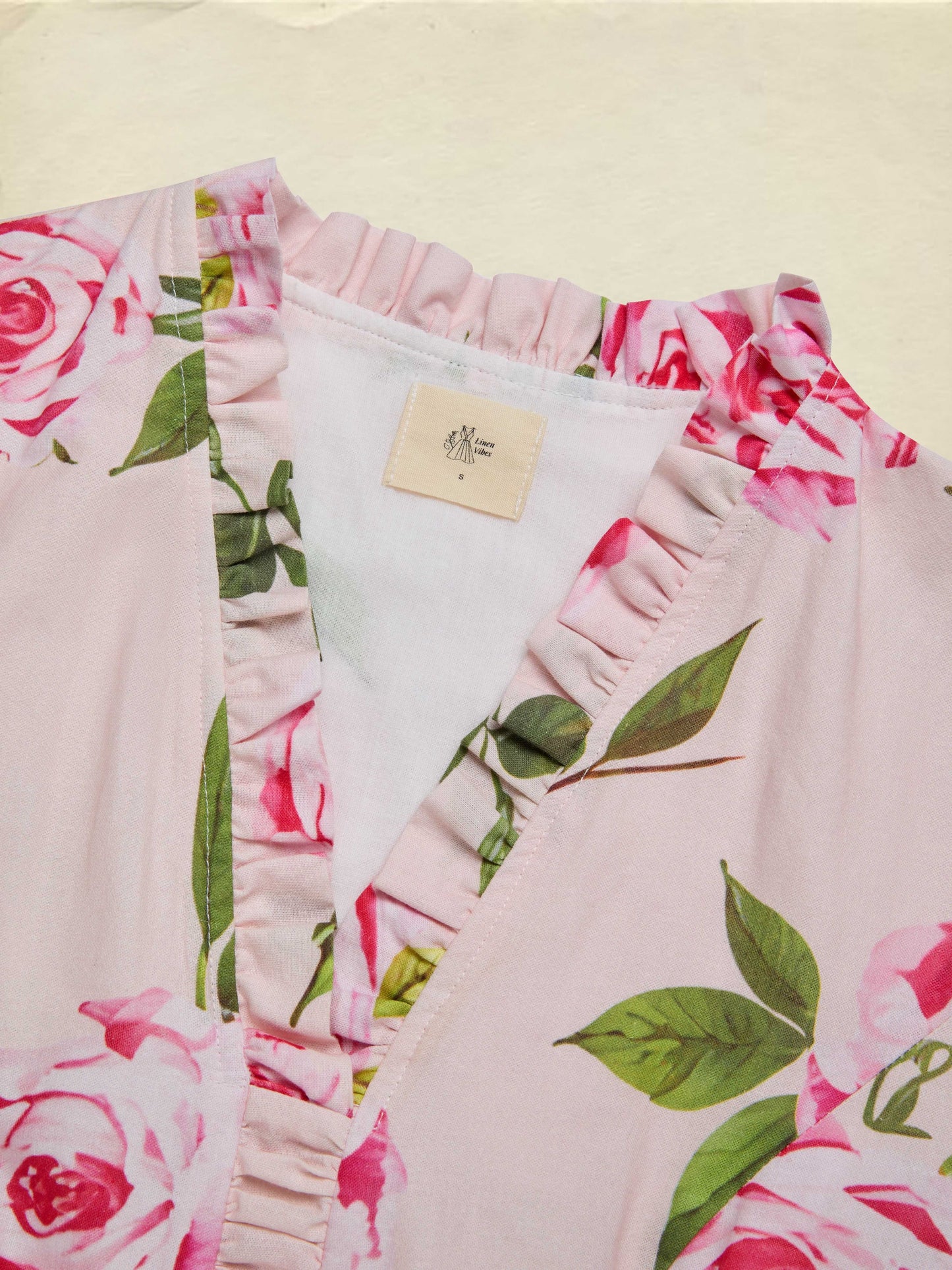 Midi Linen Dress , Long Sleeves, V Neck, Floral, Belt Design, Vacation, Vintage, Light Pink