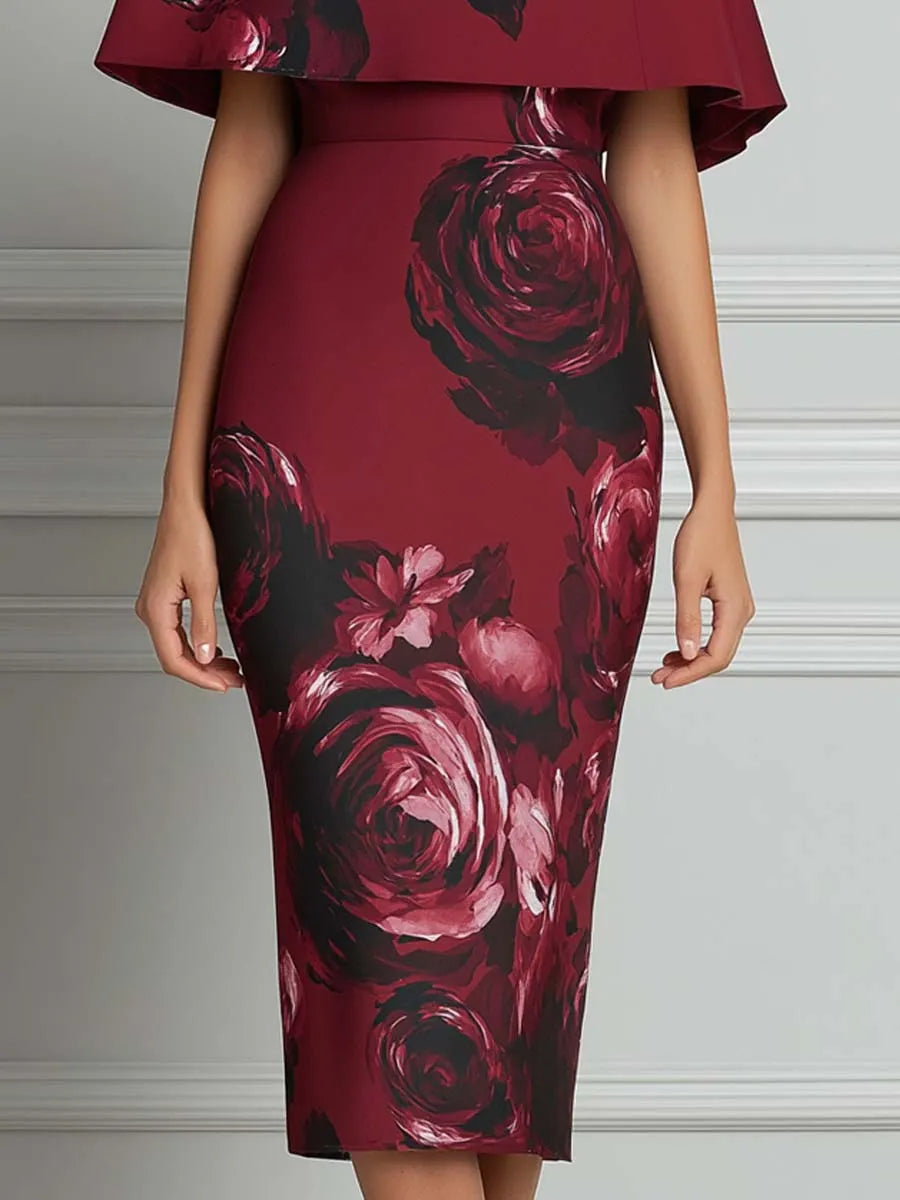 Burgundy Rose Print Cape Sleeve Bodycon Midi Dress