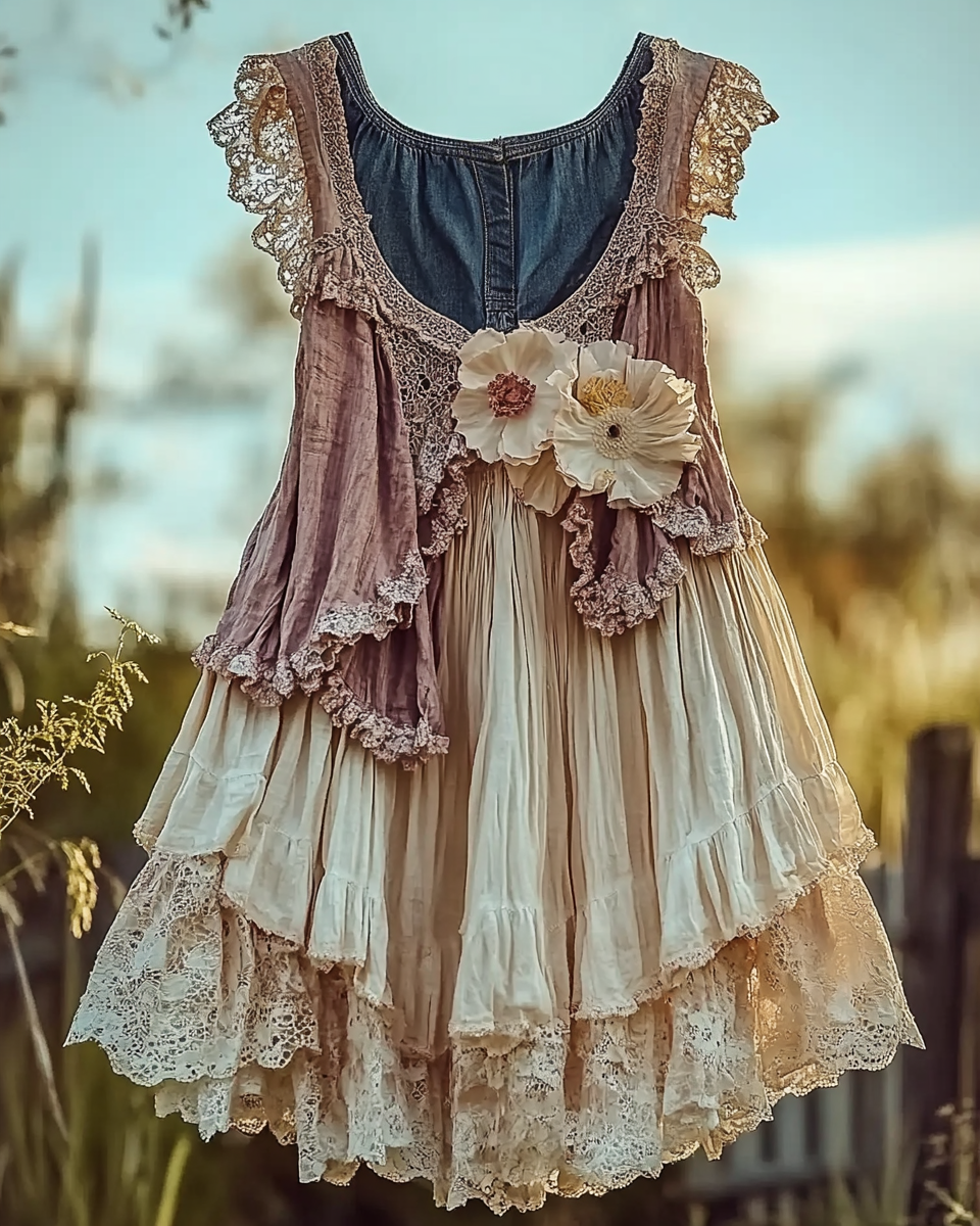 Summer Vacation Ruffle Lace Contrast Color Denim Patchwork Top c2f7