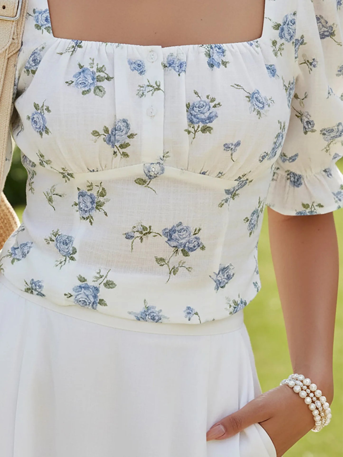 Linen Shirt, Short Sleeves, Square Neck, Floral, Button Design, Vintage, Blue