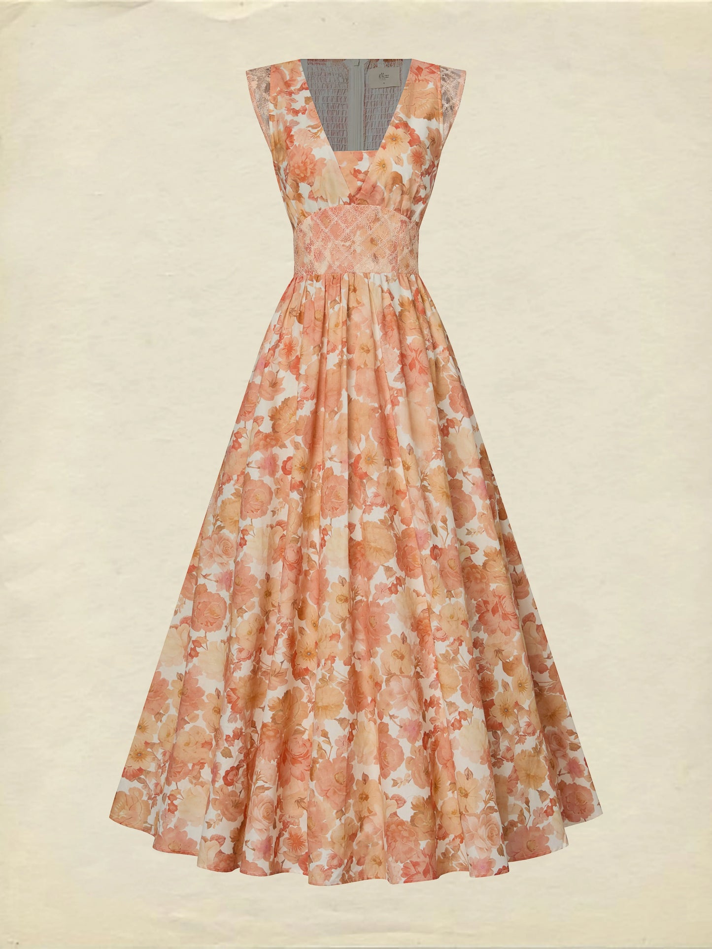 Maxi Linen Dress, Sleeveless, V Neck, Floral, Lace, Vacation, Vintage, Light Orange