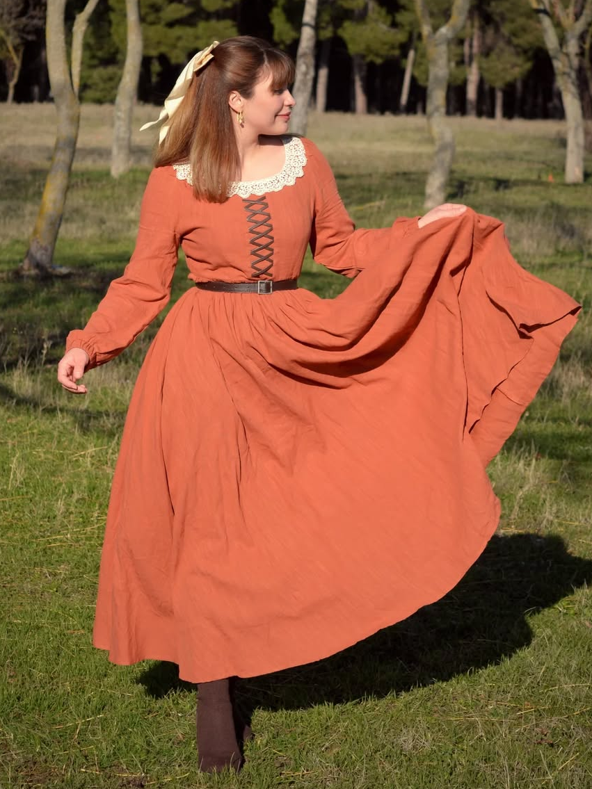 Maxi Cotton Dress, Long Sleeves, Square Neck,  Princess Line, Linen Blend, Orange