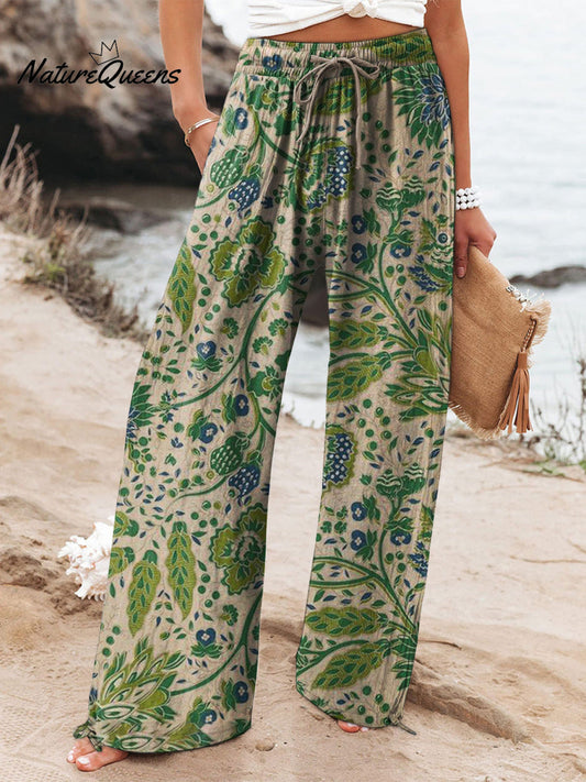 Women's  Floral  Art Printed Cotton And Linen Casual Pants