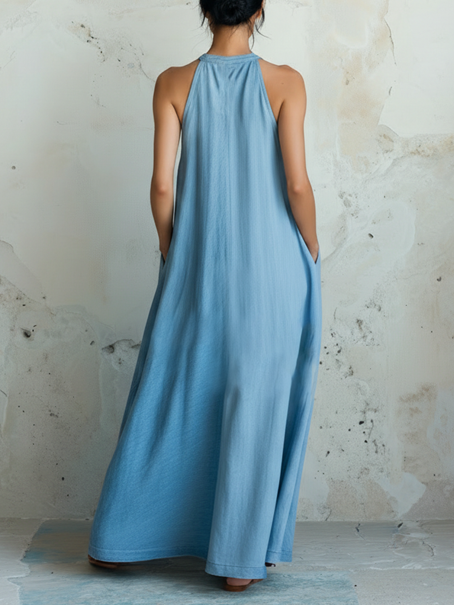 Light Blue & Pink Colorblock Tencel Denim Halter Maxi Dress