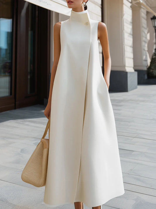 Women's Solid Color Stand Collar Sleeveless Casual Loose Cotton Linen Dress