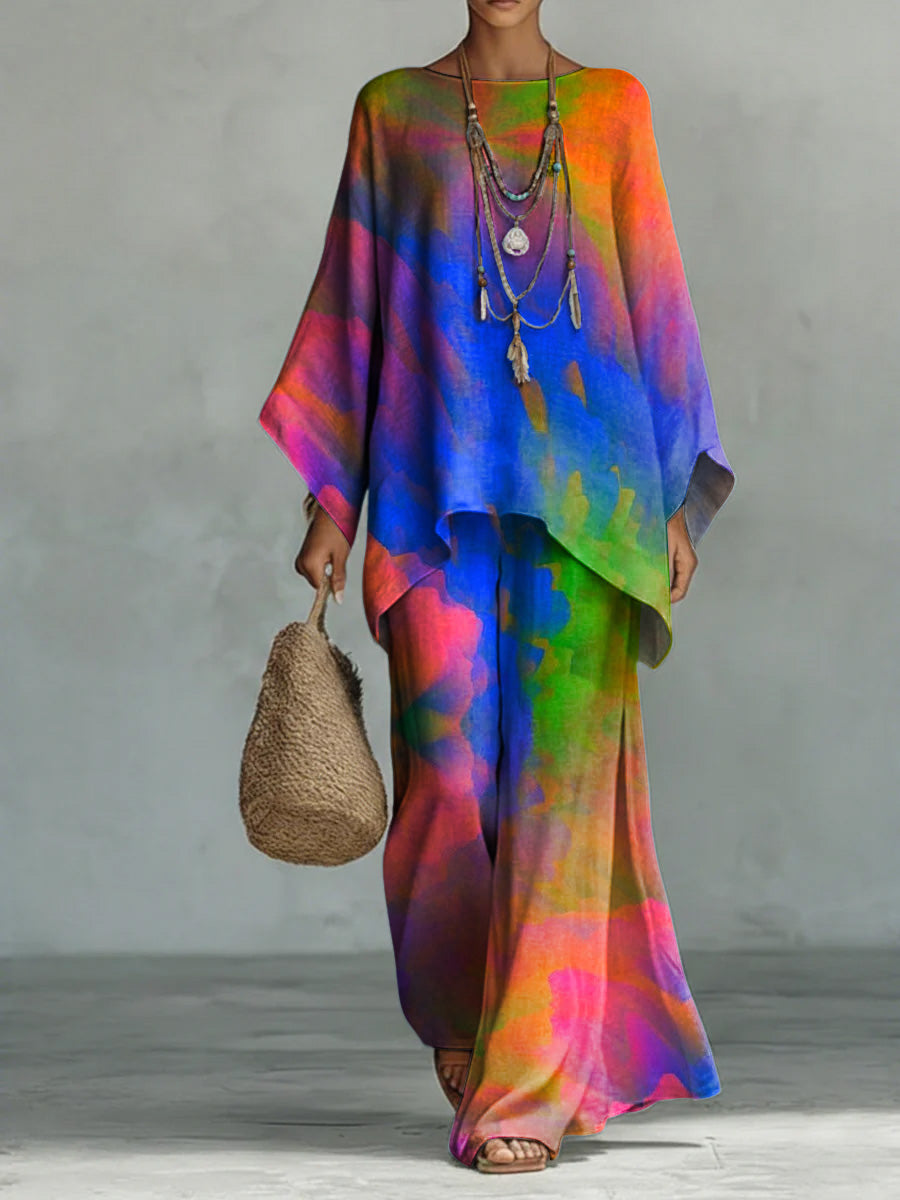 Colorful Gradient Decorative Pattern Casual Long Sleeve Cotton Linen Top And Pants