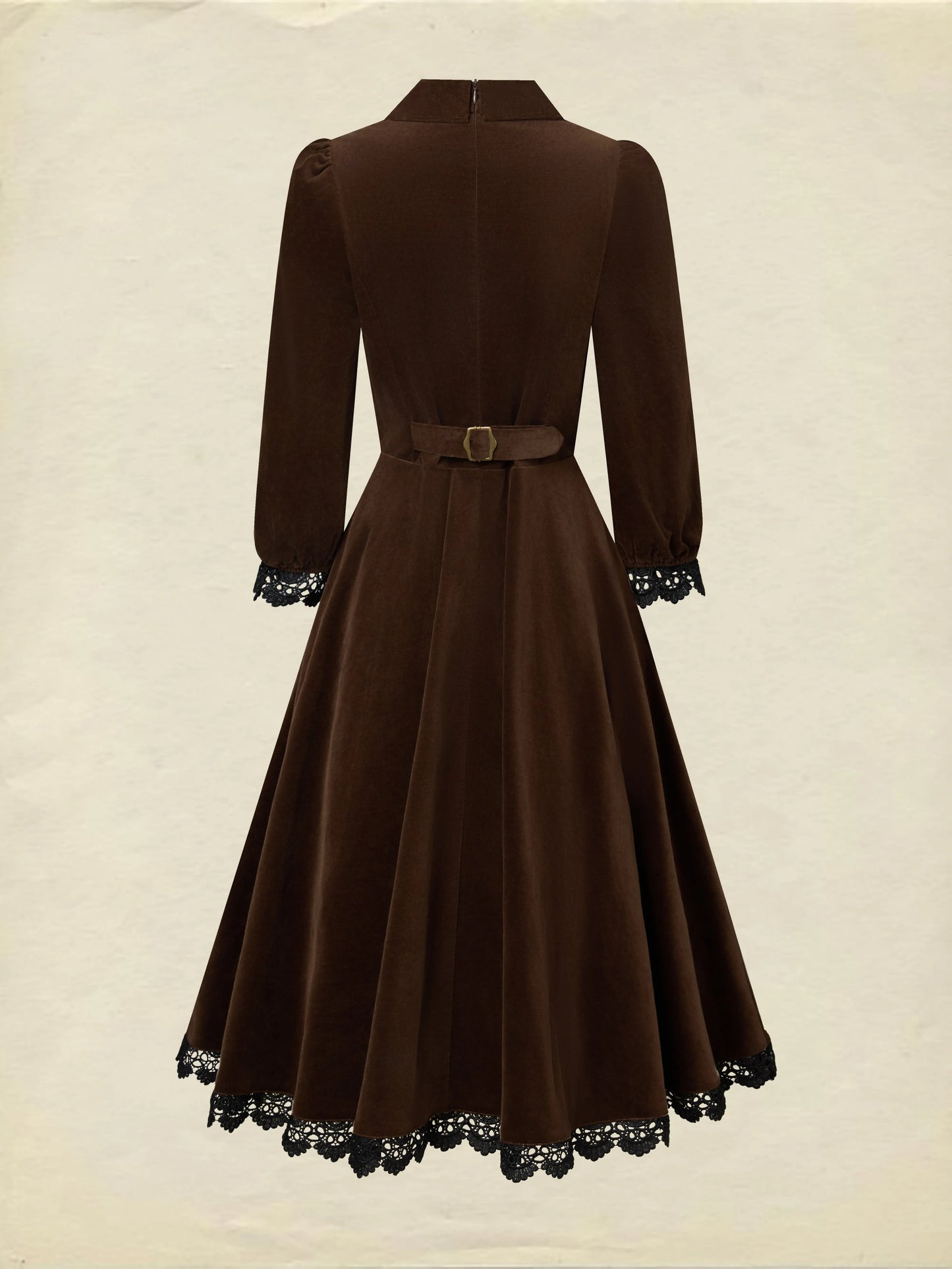 Midi Cotton Dress, Half Sleeve, Lapel Collar, Plain, Lace, Vintage, Coffee