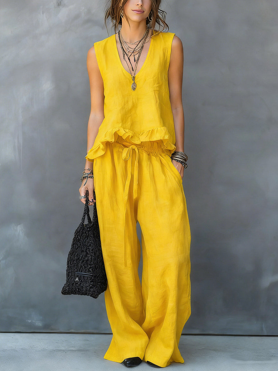 Women's V-neck Sleeveless Casual Loose Cotton Top With Elastic Waist And Wide-leg Pants Cotton Linen Set