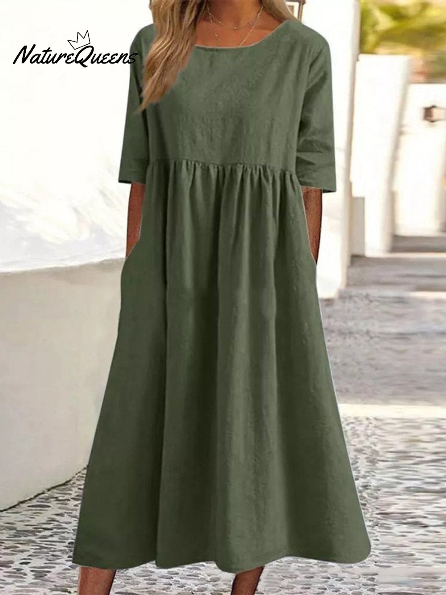 Cotton And Linen Casual Short Sleeve Pocket Pleated Loose Round Neck Dress