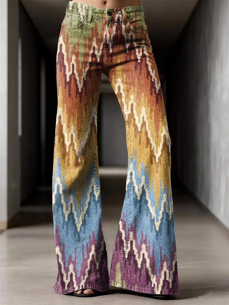 Retro Multicolor Pattern Art Print Casual Flared Jeans