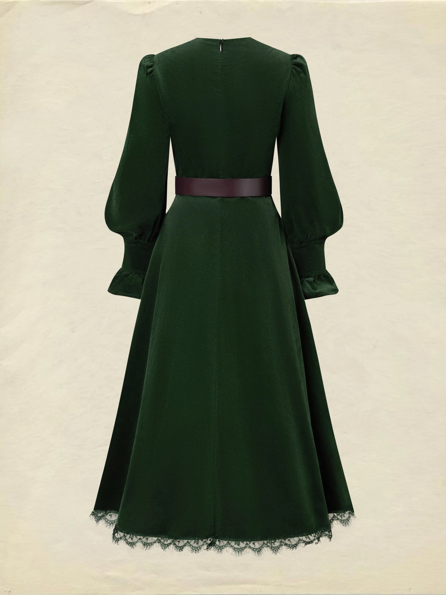 Midi Cotton Dress, Long Sleeves, V Neck, Plain, Lace, Vintage, Green